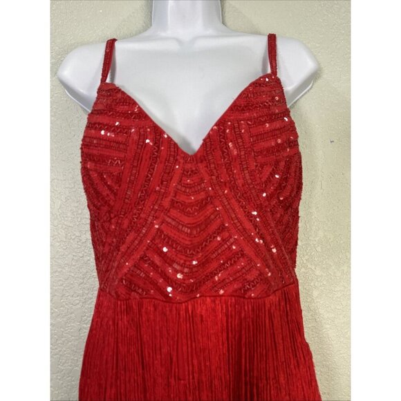 Boston Proper Flapper Mini Dress Size 10 Red Sequin Fringe Salsa Party Holiday - Picture 2 of 10